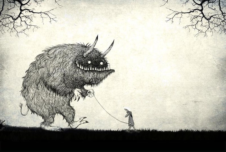 Monster Spaziergang, Wald, Mädchen, Schwarz Weiß, Illustration, Ungeheuer, Druck, Kunst, Haustier Monster, Bild 6