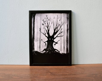 Baum Geist Wald Tusche Illustration, Wanddeko, Bild,  Druck Zeichnung - Geisterwald, Märchenhaft, Schwarz, Bäume, Baumgeist, Nebel