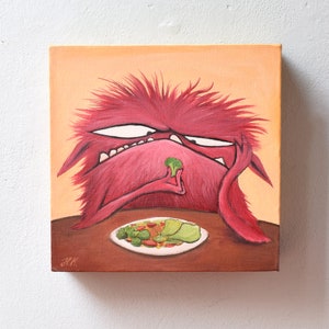 Original Monster mit Salatteller - Brokkoli Acryl auf Leinwand Kunstwerk Küchendeko