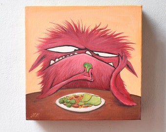 Monstre original avec assiette à salade - Brocoli Acrylique sur toile Artwork Kitchen Decor