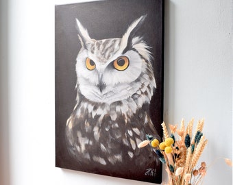 Eule auf Leinwand - Acrylgemälde Kunstwerk - Tierkunst in dunklen Farben für Naturfreunde und Tierliebhaber - 40cm x 60cm