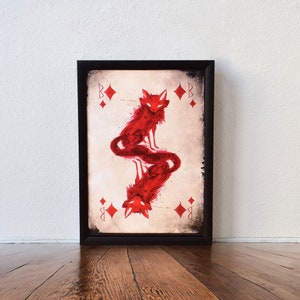 Fuchs Spielkartenmotiv Karo Dame- Digitaldruck Illustration rote Tusche 15cm x 20cm