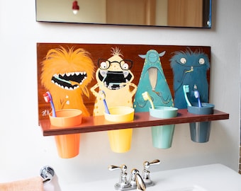 Wall shelf with toothbrush cups in monster design, toothbrush holder, wooden toothbrush holder hand-painted