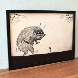 Monster Spaziergang, Wald, Mädchen, Schwarz Weiß, Illustration, Ungeheuer, Druck, Kunst, Haustier Monster, Bild 3