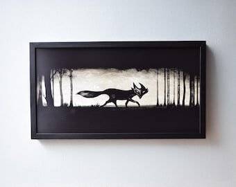 Framed art print of a fox in a forest setting, black and cream, fairytale style, 25 x 45 cm
