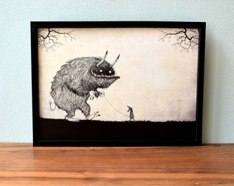 Monster Walk, Forêt, Fille, Noir et Blanc, Illustration, Monstre, Impression, Art, Monstre animalier,