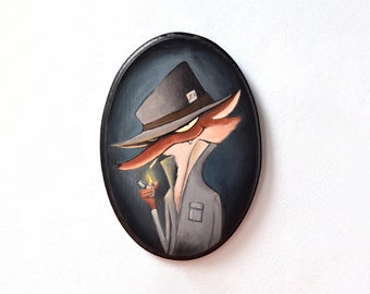 Détective renard peint à la main sur une planche de bois ovale - détective privé espion potrait renard