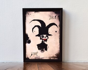 Joker Playing Card Motif Black Ink Illustration Print 15x20