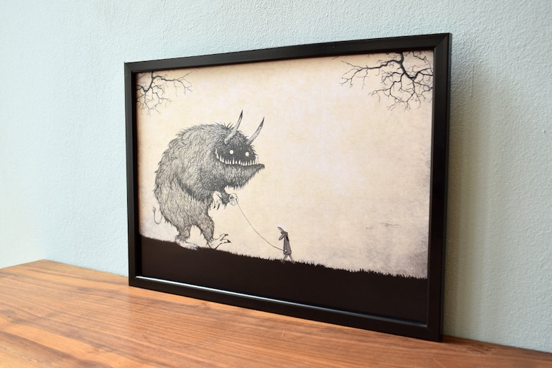 Monster Spaziergang, Wald, Mädchen, Schwarz Weiß, Illustration, Ungeheuer, Druck, Kunst, Haustier Monster, Bild 2