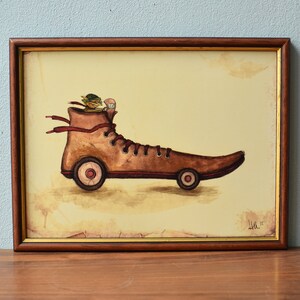 Einzigartige Illustrationen als Druck- Kater in einem Schuh als Seifenkiste