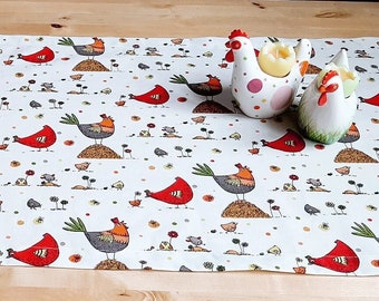 Easter table runner, Easter tablecloth, Easter decoration, spring, Easter decoration, spring decoration, chickens, red, green