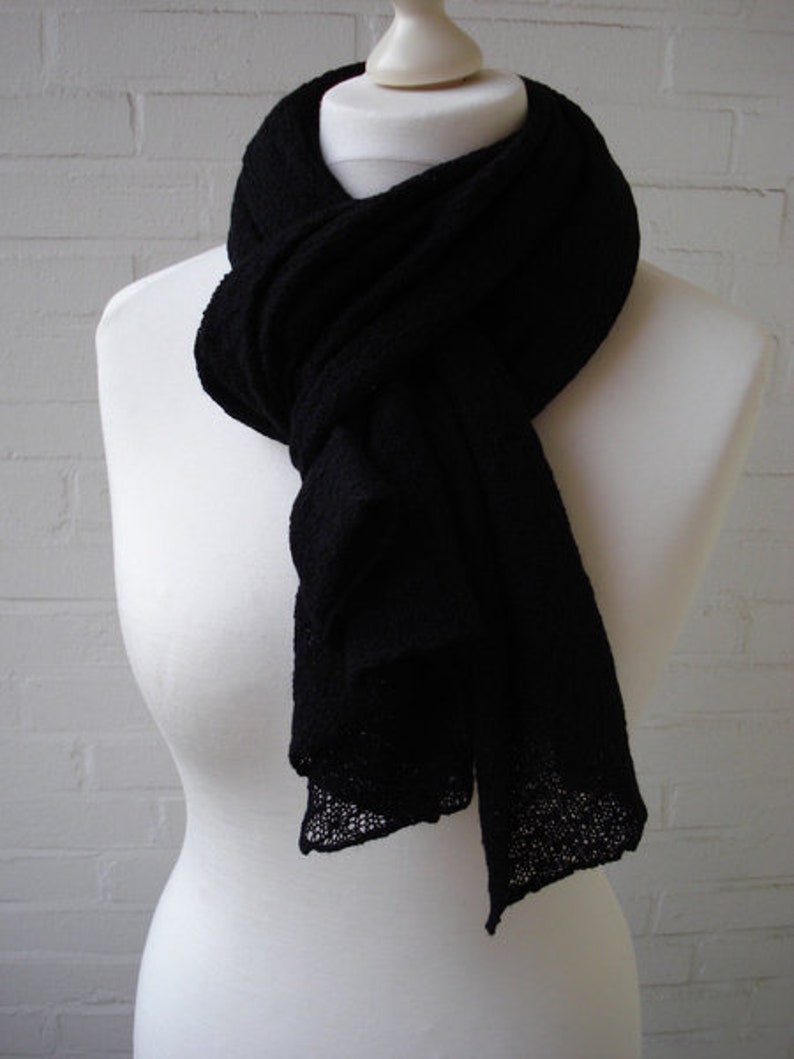 Black stole, knitted in a catching pattern with omitted needles, virgin wool, merino, lace, shawl, scarf, white, wedding, image 3