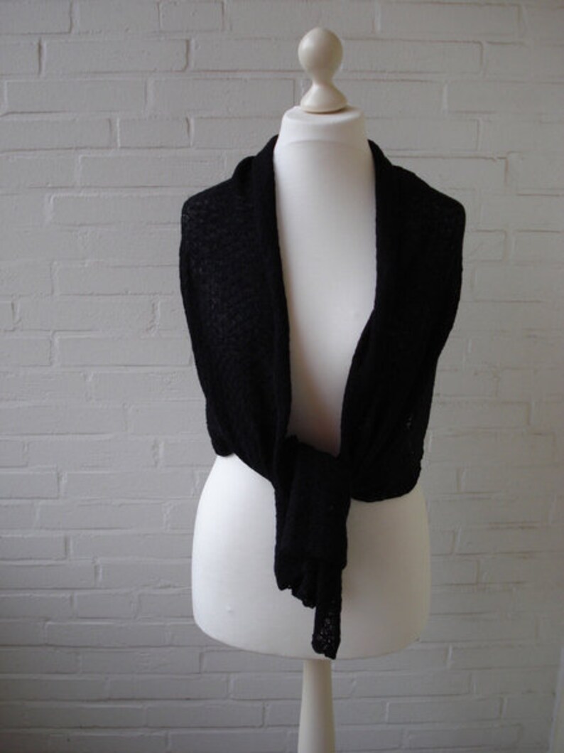 Black stole, knitted in a catching pattern with omitted needles, virgin wool, merino, lace, shawl, scarf, white, wedding, image 2