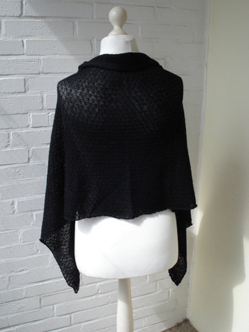 Black stole, knitted in a catching pattern with omitted needles, virgin wool, merino, lace, shawl, scarf, white, wedding, image 4