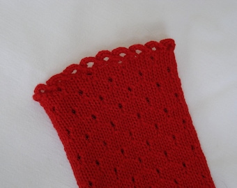 red wrist warmers in a hole pattern, dots, arm warmers, many colors, knitted, gloves, virgin wool, merino, black, blue, green