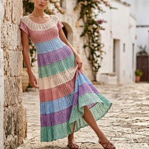 Vestido longo de crochê colorido – Vestido de verão boho de algodão feito à mão imagem 1