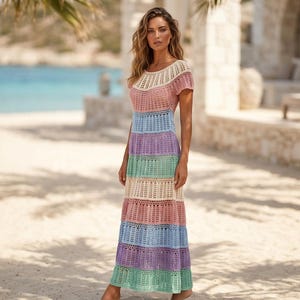 Vestido longo de crochê colorido – Vestido de verão boho de algodão feito à mão imagem 2