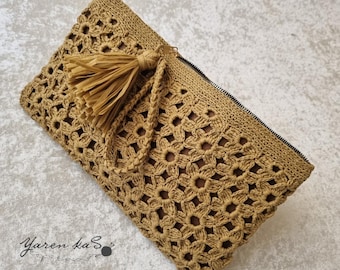Crochet Raffia Clutch Hand Bags,  Crochet Tote Straw Bag, Beach Purse