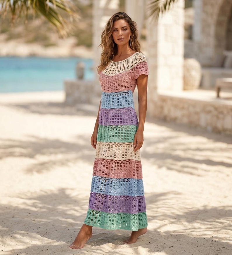 Vestido longo de crochê colorido – Vestido de verão boho de algodão feito à mão imagem 2