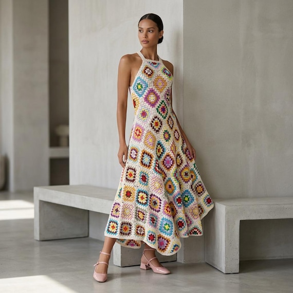 Granny Square Crochet Beach Dress - Handmade Colorful Boho Halter Dress Granny Square Crochet Beach Dress - Handmade Colorful Boho Halter Dress