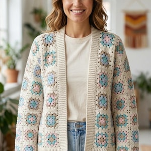 Crochet Granny Square Cardigan, Handmade Boho Patchwork Jacket, Women’s Cotton Knitwear