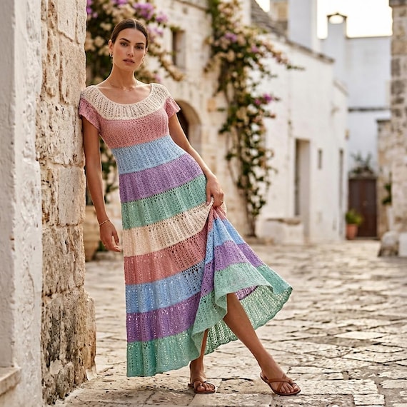 Colorful Crochet Maxi Dress – Handmade Cotton Boho Summer Dress
