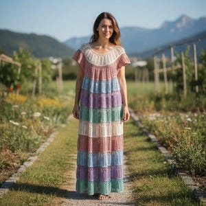 Pode incluir: Um vestido longo de croch&ecirc; multicolorido. O vestido apresenta um design em camadas com faixas de cores pastel: rosa, azul, roxo, verde e creme. Possui mangas curtas e decote redondo. A modelo est&aacute; em p&eacute; em um caminho em um jardim.
