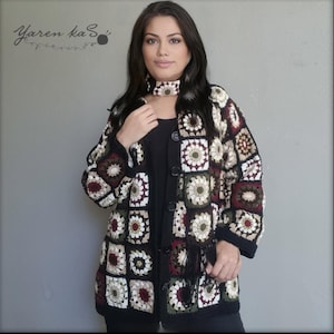 Crochet Granny Square Cardigan with Scarf: Handmade Cotton Boho Jacket