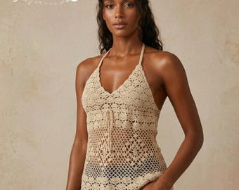 Top sin mangas de encaje de ganchillo estilo boho personalizado – Top ligero de verano hecho a mano de algodón mercerizado