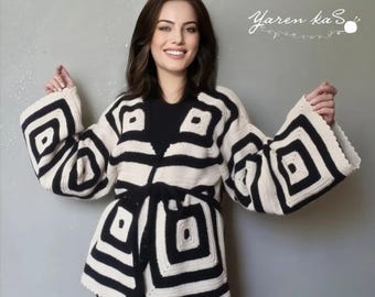 Crochet Oversize Cotton Cardigan – Handmade Belted Bohemian Festival Jacket