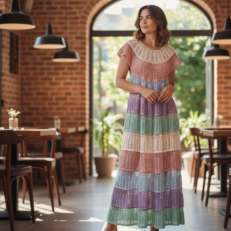 Pode incluir: Um vestido longo de croch&ecirc; multicolorido. O vestido apresenta listras horizontais em tons pastel de creme, rosa, azul, verde e roxo. Possui mangas curtas e decote redondo. O vestido &eacute; feito de um tecido leve e de trama aberta.