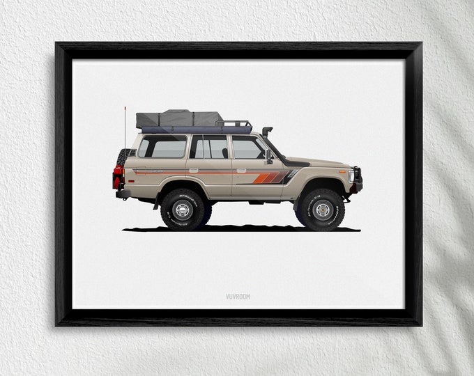 Featured listing image: Classic Toyota Land Cruiser FJ60 Overland Art Poster Print, High-Quality Vintage Car Art, Perfect Unique Gift for Car Lover