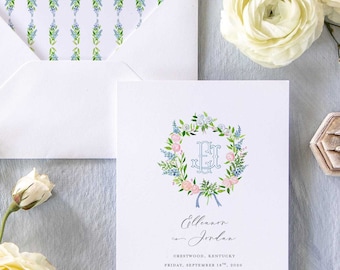 Ellie Save The Date | Watercolor Floral Crest and Monogram