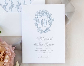 Barry Save The Date | Hand-Illustrated Crest with Hydrangeas and Custom Monogram