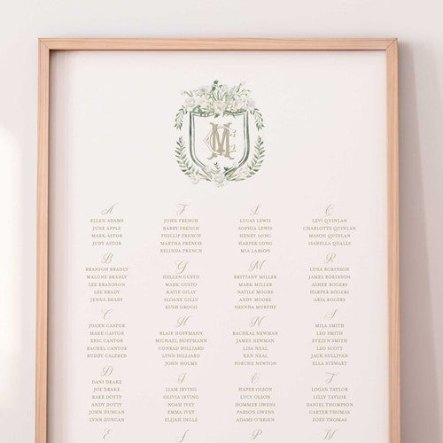 Tulip Blanche Seating Chart Sign | Elegant Floral Watercolor Crest Seating Chart Sign shops With White Roses & Tulips
