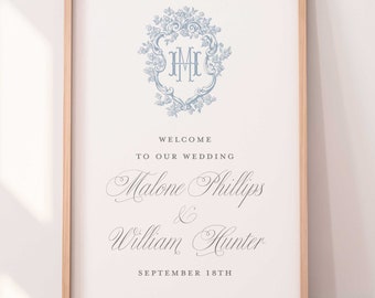 Barry Welcome Sign |  Welcome Sign with Vintage Hydrangea Floral Crest and Monogram