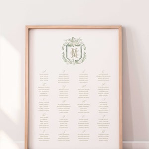 Tulip Blanche Seating Chart Sign |  Elegant Floral Watercolor Crest Seating Chart Sign With White Roses & Tulips