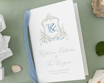 Katherine Programs |  Floral Watercolor Crest with Monogram Wedding Programs