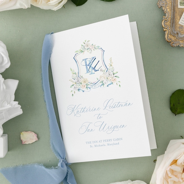 Katherine Programs |  Floral Watercolor Crest with Monogram Wedding Programs