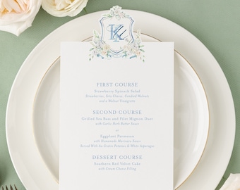 Katherine Menu |  Floral Watercolor Crest with Monogram Wedding Menus