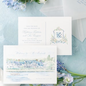 Katherine Save The Date | Custom Venue + Landscape Watercolor Postcard Style Save The Date with Watercolor Crest