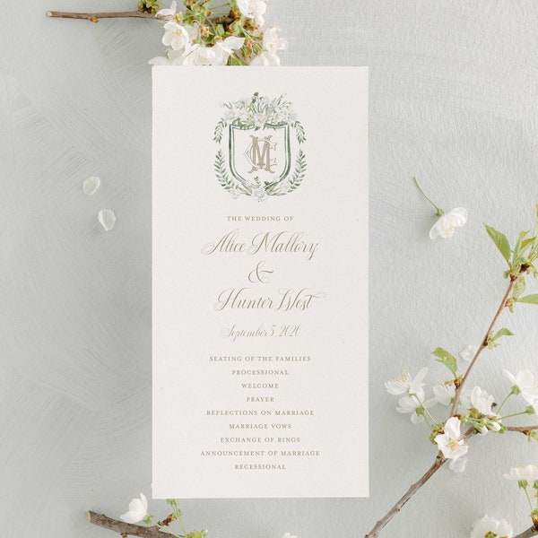Tulip Blanche Wedding Programs | 4" x 9" Elegant Floral Watercolor Crests Ceremony Programs