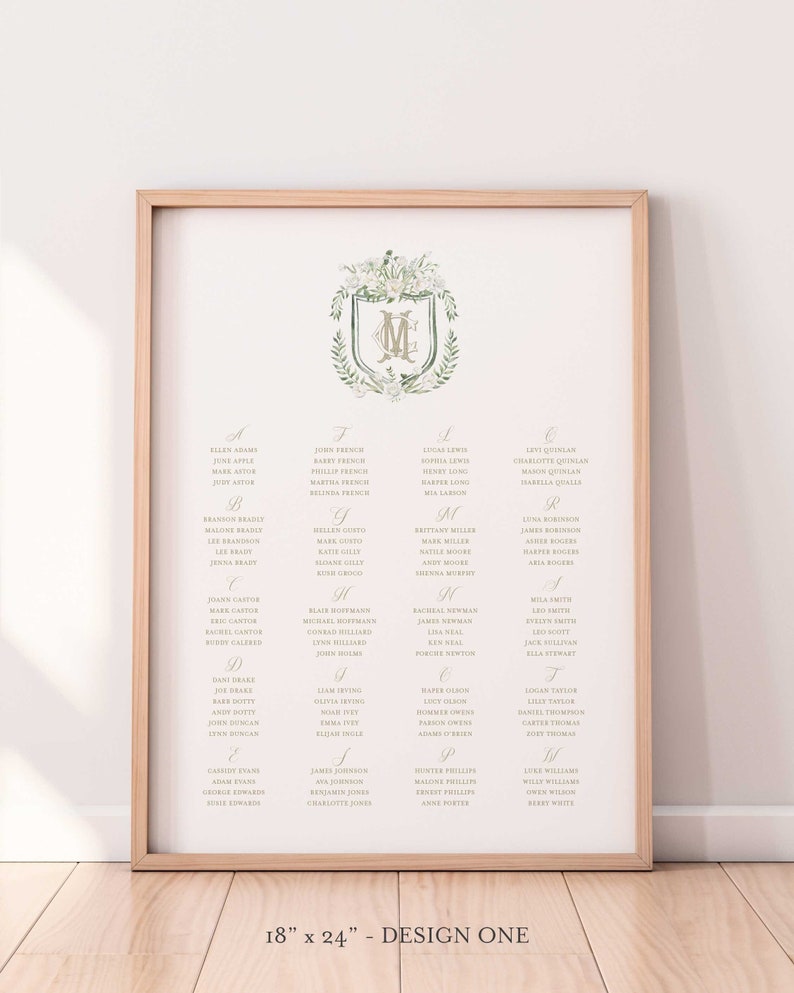 Tulip Blanche Seating Chart Sign | Elegant Floral Watercolor Crest Seating Chart Sign shops With White Roses & Tulips