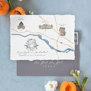 Carte de mariage + Armoirie Aquarelle simple face | Carte d’aquarelle personnalisée peinte à la main + écusson Enregistrer la date