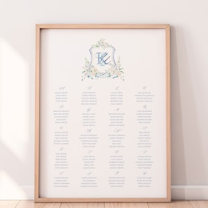 Katherine Seating Chart Sign |  Elegant Floral Watercolor Crest Seating Chart Sign With Roses and Hydrangeas