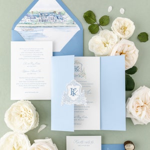 Katherine Wedding Invitation Suite | Hydrangea and Rose Floral Crest and Monogram with Custom Watercolor Landscape Envelope Liner