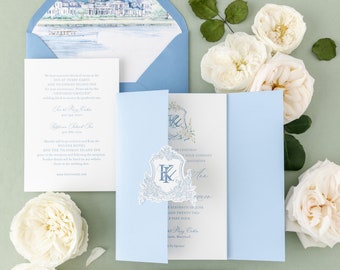 Katherine Wedding Invitation Suite | Hydrangea and Rose Floral Crest and Monogram with Custom Watercolor Landscape Envelope Liner