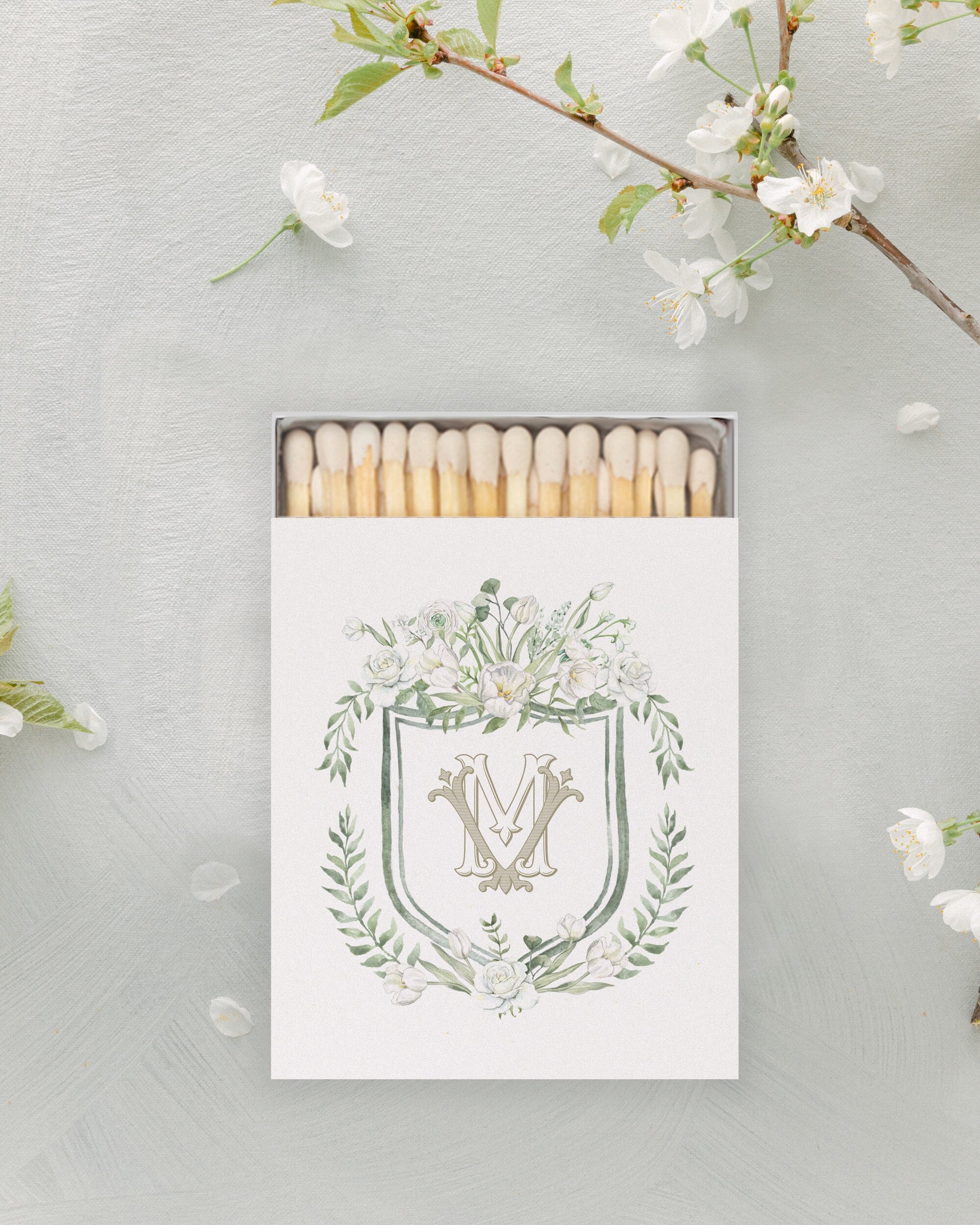 Tulip Blanche Matchbooks | Watercolor Floral Crest and Monogram