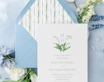 Lily Save The Date | Floral Lily of the Valley Watercolor and Monogram