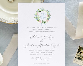 Ellie Watercolor Wedding Invitation Suite | Watercolor Floral Crest and Monogram